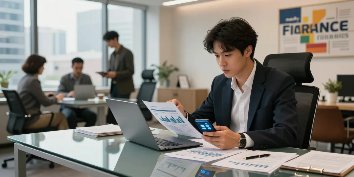 Dynamic finance professional exploring 소액결제현금화 opportunities with reports and smartphone in modern office.