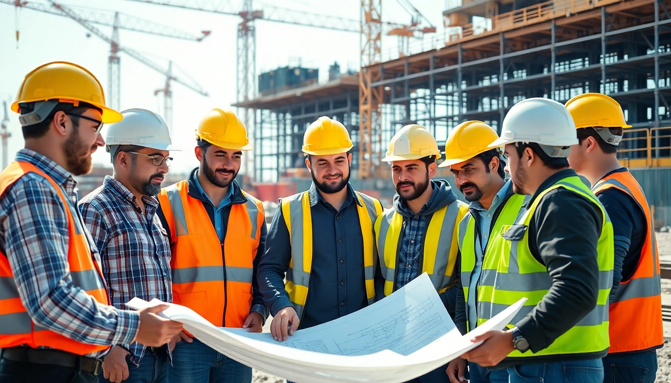 Construction career professionals collaborating on-site with blueprints and tools.