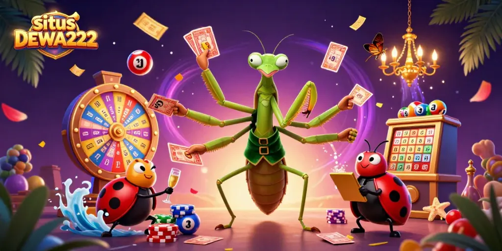 Experience excitement and winning action with situs DEWA222 featuring lively cartoon characters and dynamic casino elements.