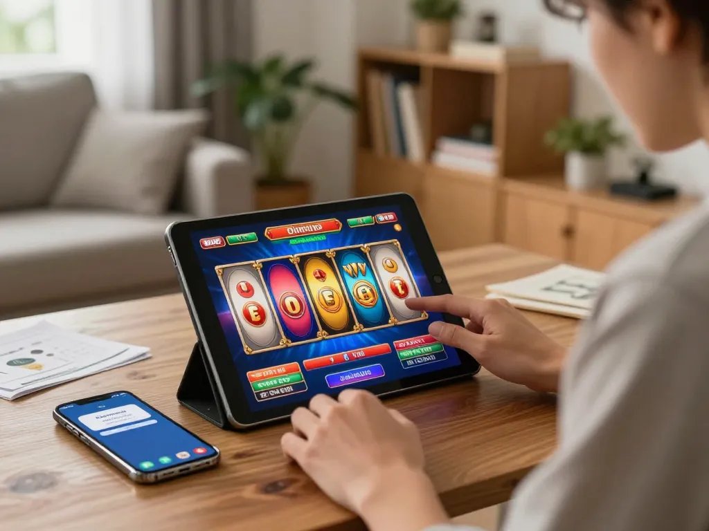 Engaging in apk slot gaming on a tablet at home, showcasing colorful reels and strategy notes.