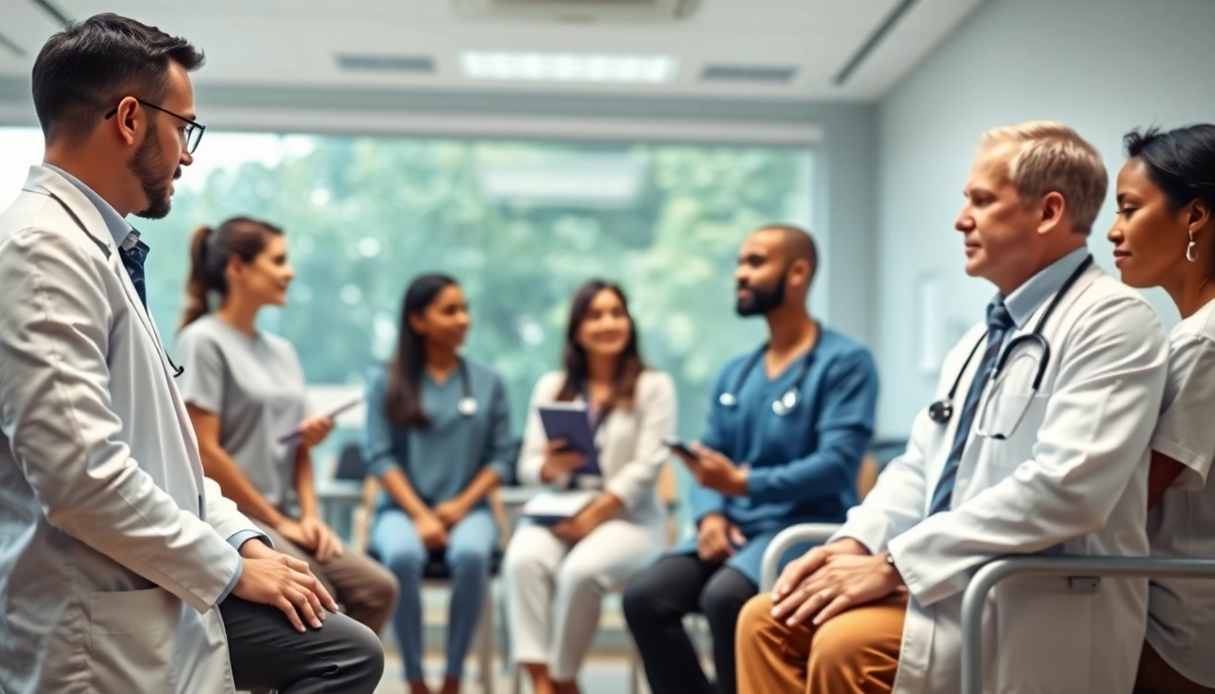 Engaged health professionals collaborating with patients in a warm clinic environment.