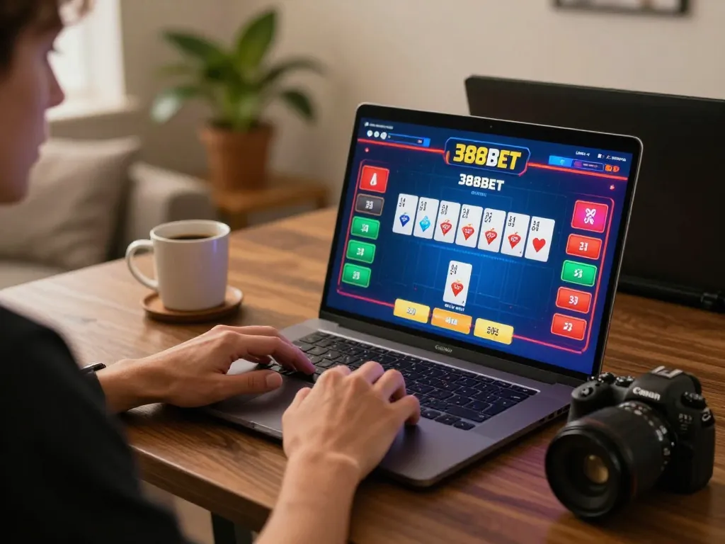 Engaging online poker gameplay with 388bet on laptop, highlighting strategic betting moments.
