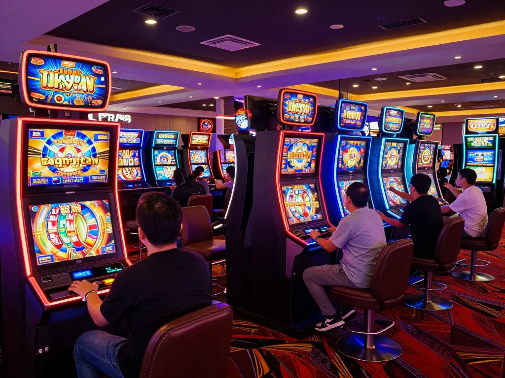 Players celebrating wins at vibrant agen slot machines in a lively casino atmosphere