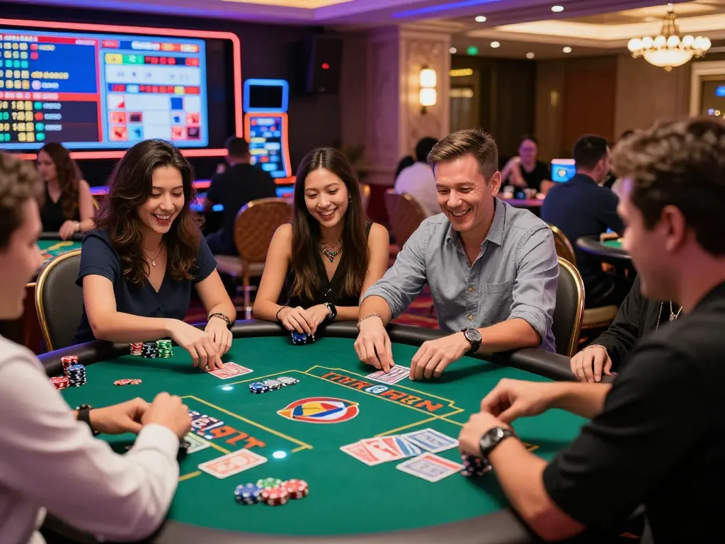 Excited players at casino hubet88 table game, vibrant casino atmosphere with colorful chips and neon lighting.