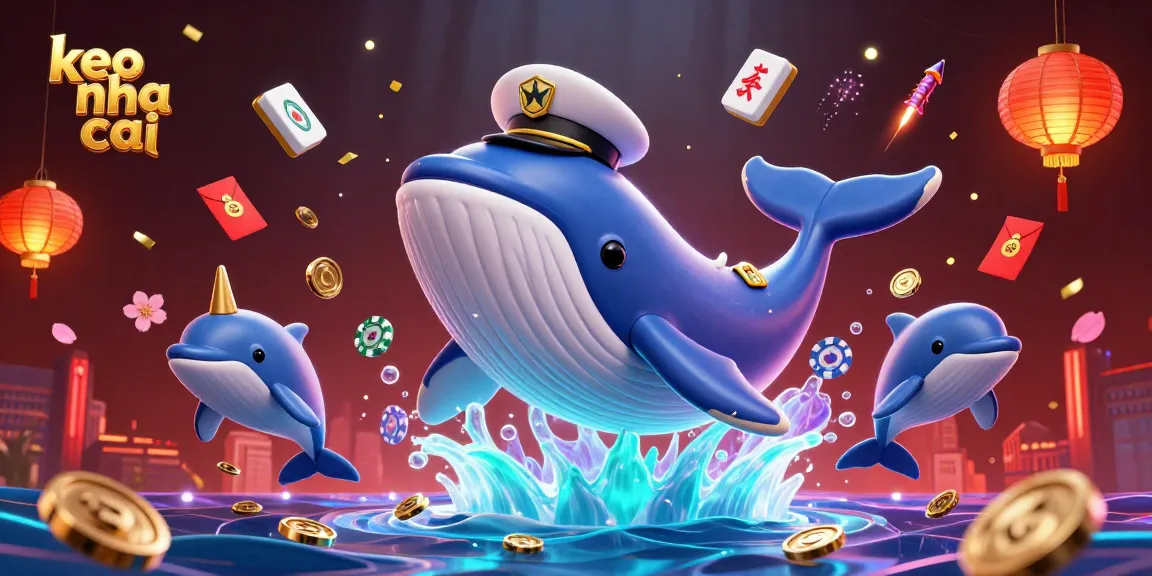 Engage with keo nha cai betting excitement as a whimsical whale bursts through coins amid joyful dolphins and festive elements.