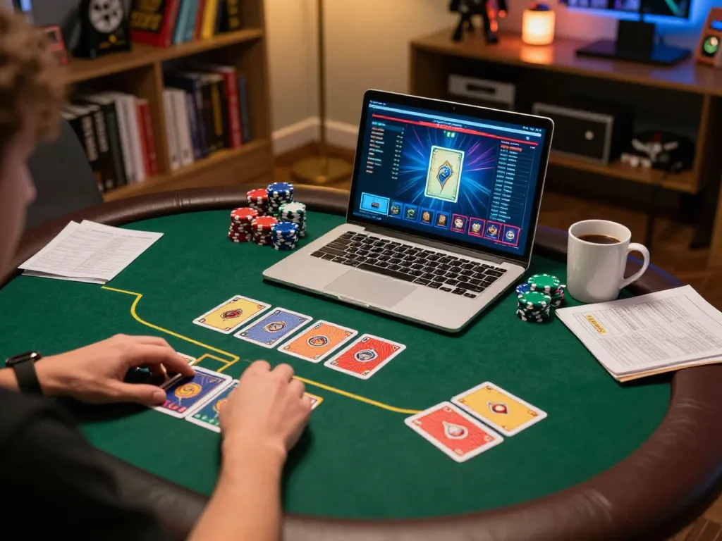 Engaging with server thailand in an online poker game setup filled with colorful chips and cards.