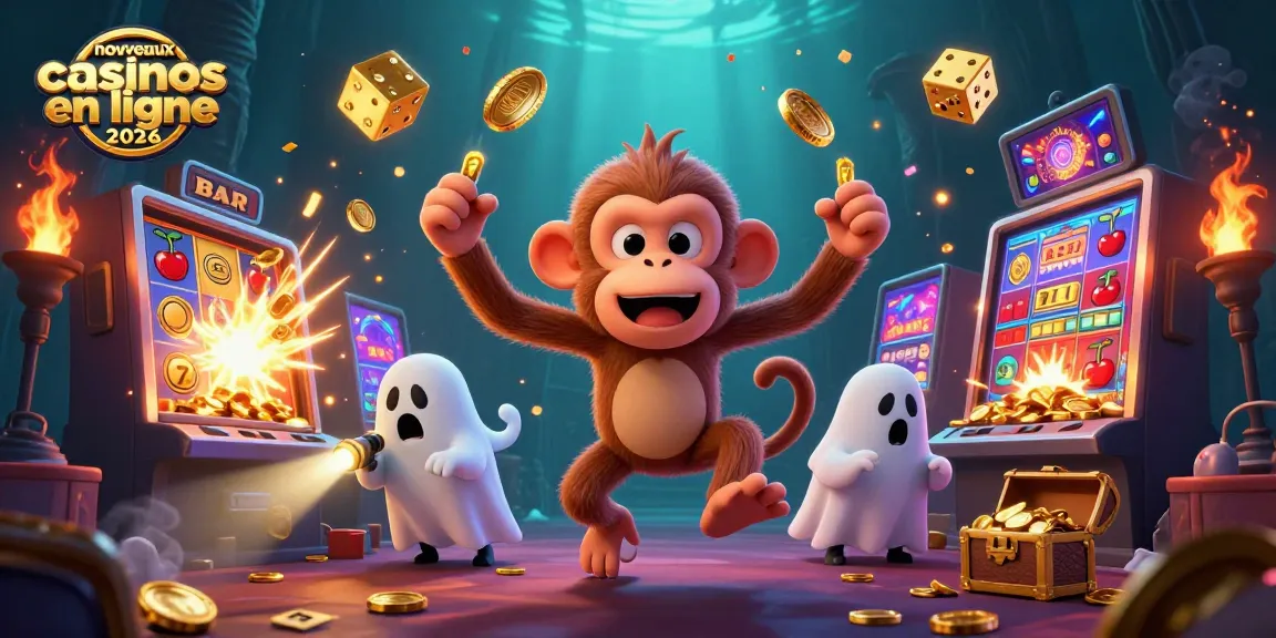 Vibrante illustration 3D représentant les nouveaux casinos en ligne 2026 avec pièces d'or, machines à sous et un chien fantôme.