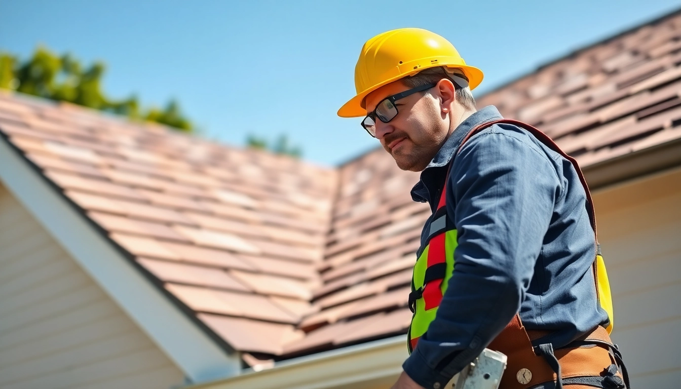 Inspecting reliable roofing services on a suburban home's roof in bright daylight.