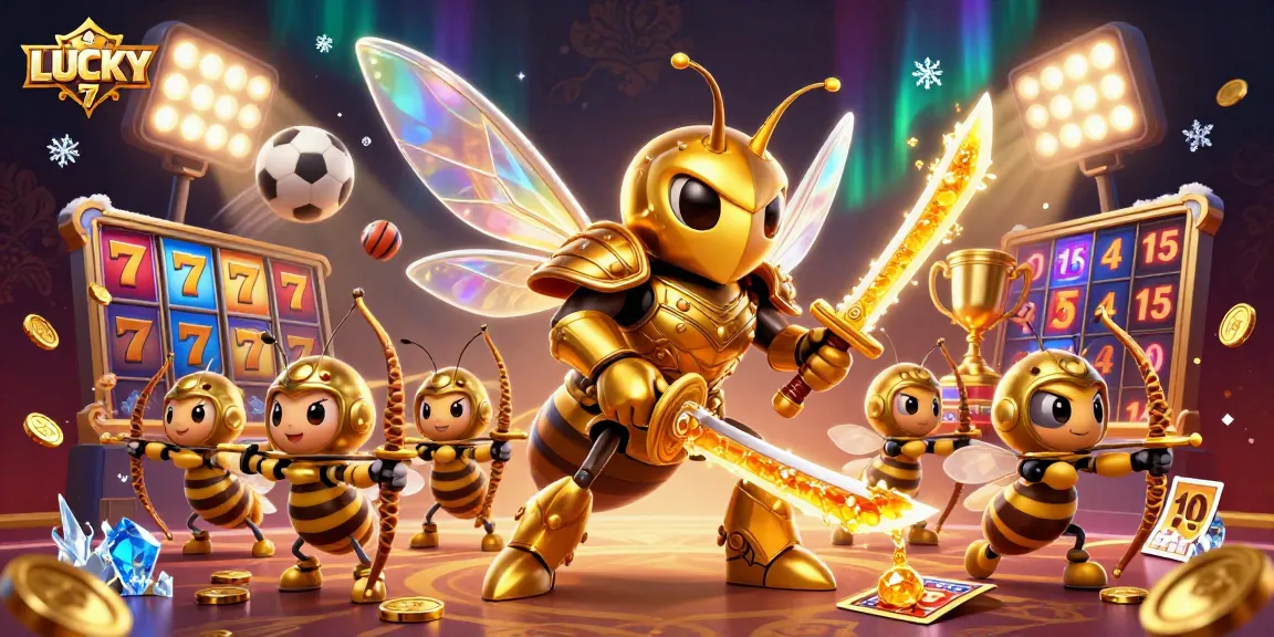 Engage with LUCKY77 in this dynamic, colorful illustration featuring a hornet samurai and gaming elements.