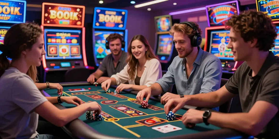 Players enjoying various games at a credit card casino, with vibrant digital elements and promotions enhancing the atmosphere.
