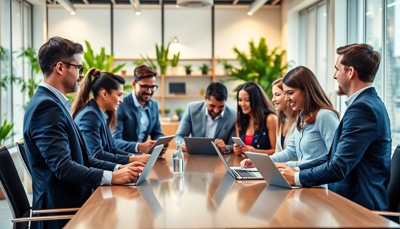 Employees collaborating using an enterprise assistant platform in a bright, modern office.