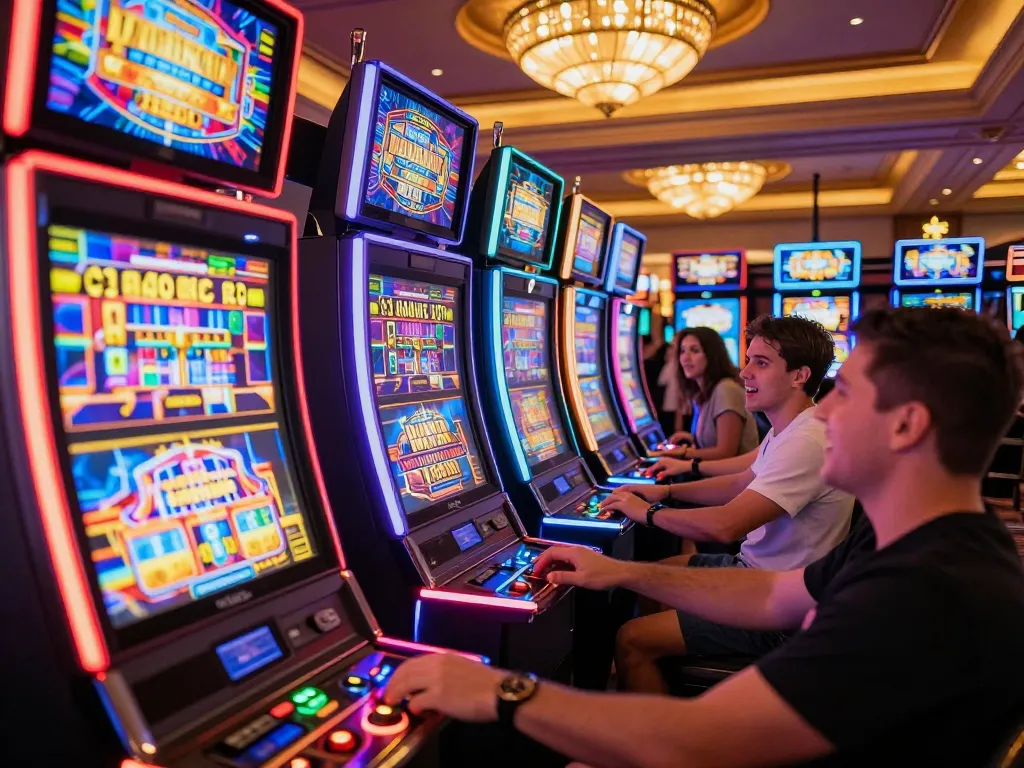 Engaging moment of players spinning slots at agenslot188, colorful machines creating a vibrant casino atmosphere.