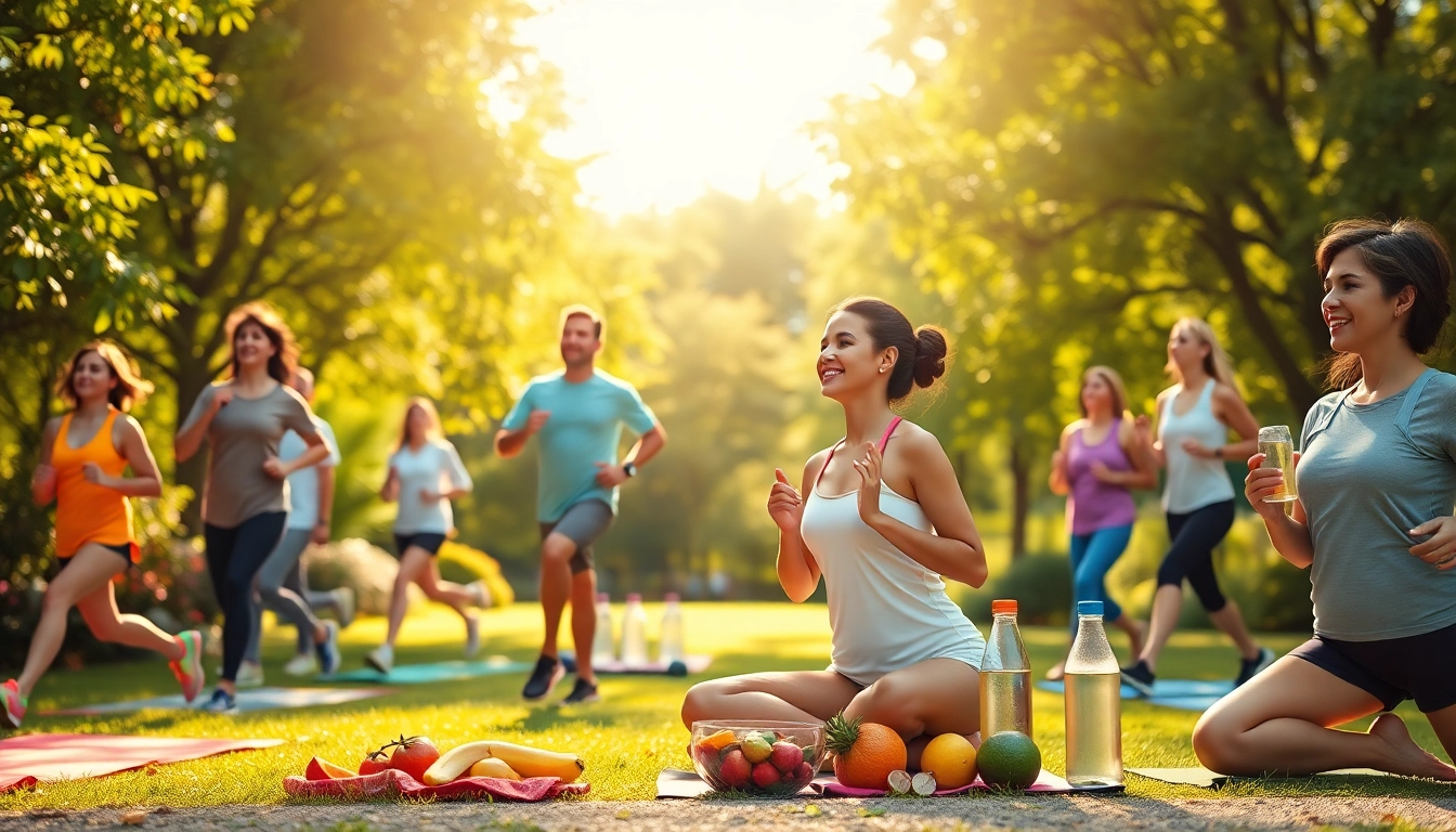 Engaging scene depicting individuals practicing health-focused activities in a lush park.