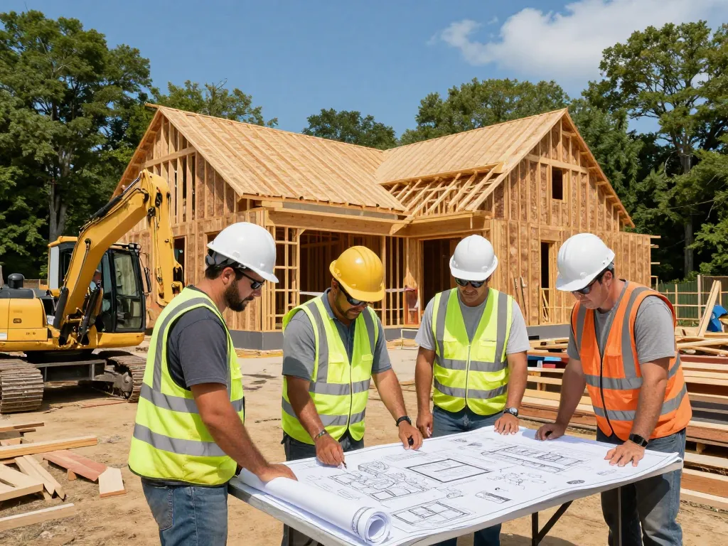 Patco construction team working diligently on a new home project in Southern Maine, showcasing craftsmanship and collaboration.