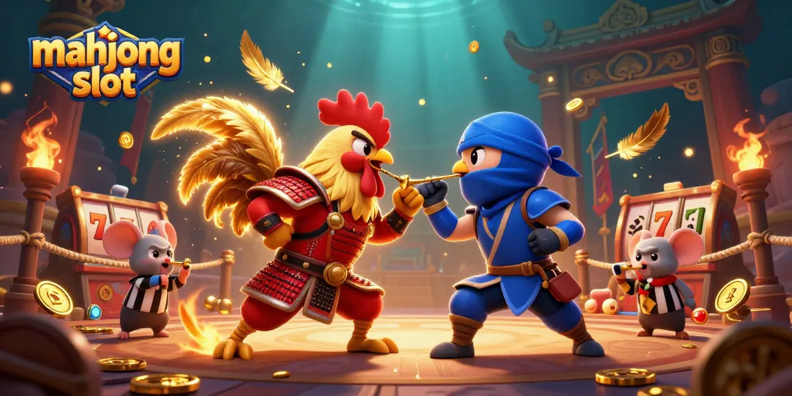Experience the thrill of mahjong slot with battle-ready roosters and vibrant gambling elements.