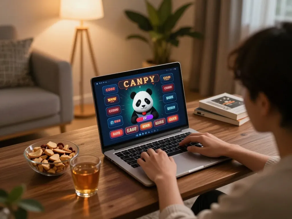 Panda casino gameplay on a laptop in a cozy living room setting, showcasing casual online gambling.