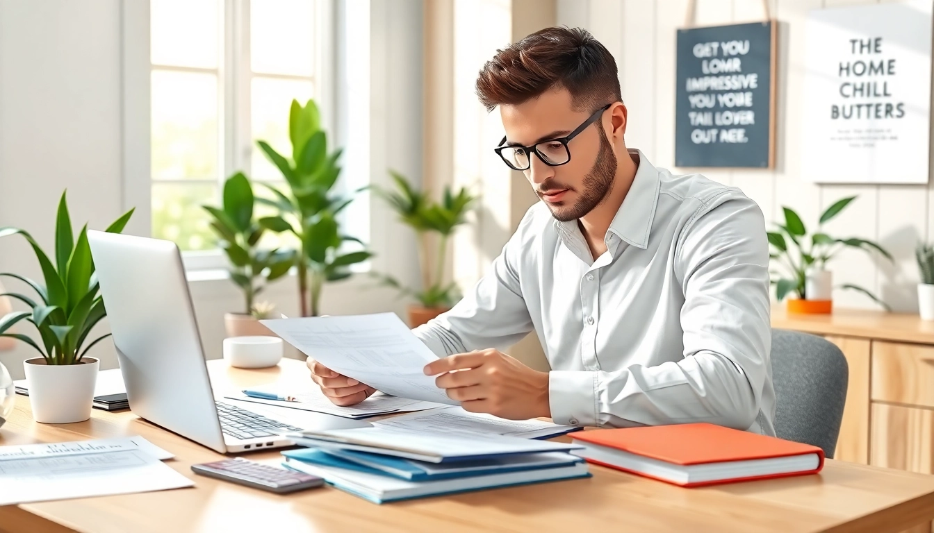 Engaging in Cover Letter Generation at a well-lit home office with documents and a laptop.