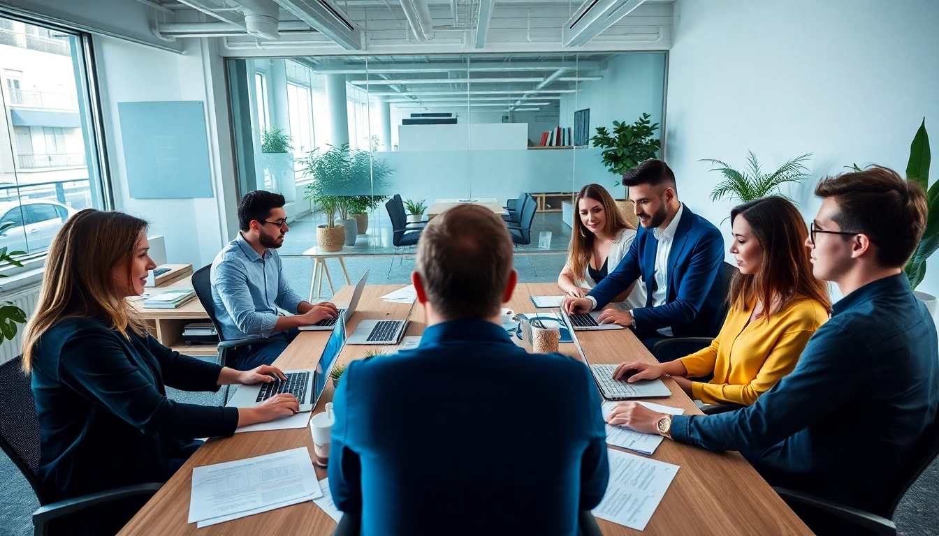 Collaboration dans les locaux d'une agence de traduction avec des traducteurs divers travaillant ensemble.