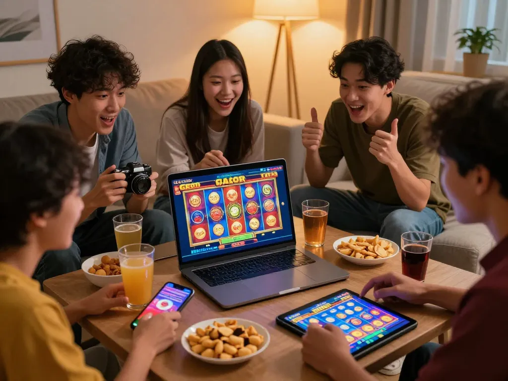 Sahabat bermain slot gacor hari ini secara online di ruang tamu yang hidup, menunjukkan kegembiraan dan permainan modern.