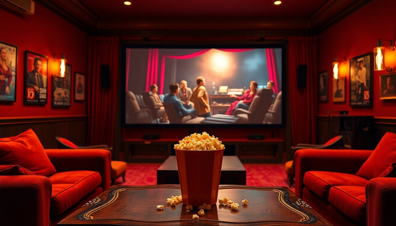 ดูหนัง ในบรรยากาศโรงหนังที่อบอุ่นพร้อมป๊อปคอร์นและแสงไฟที่นุ่มนวล