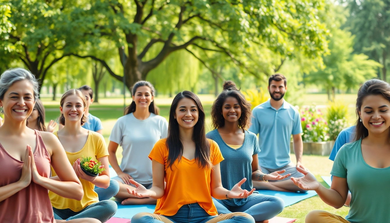 Group engaging in wellness activities symbolizing Health in a serene outdoor setting.