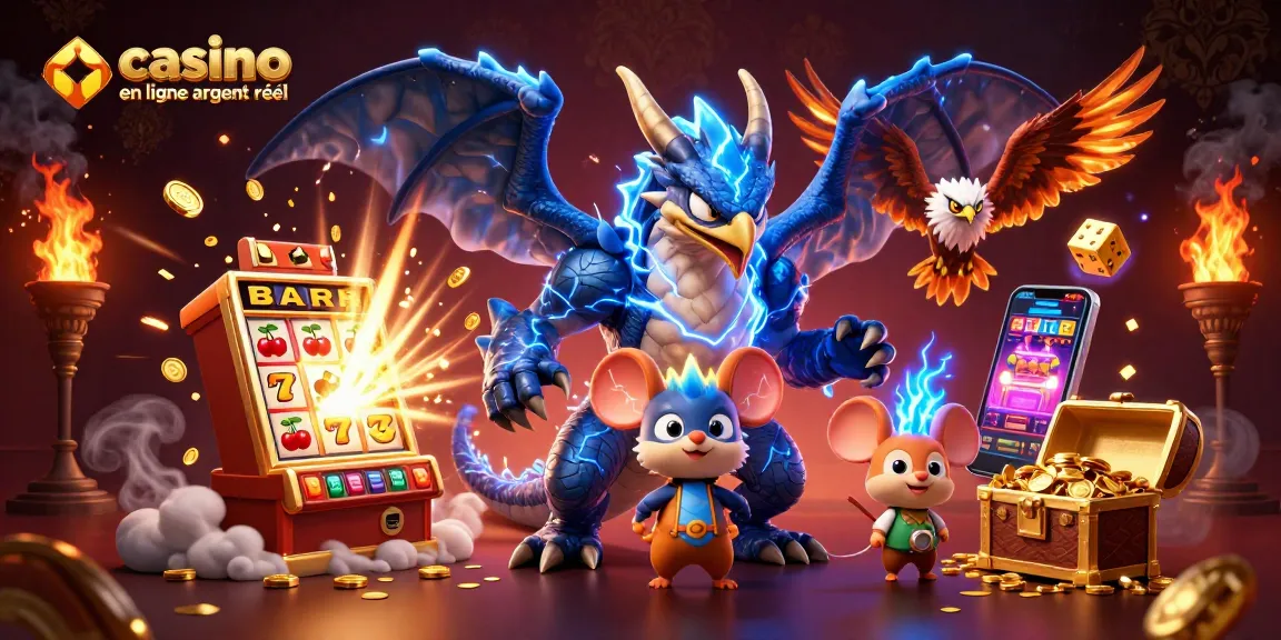 Découvrez des jeux captivants sur le casino en ligne argent réel avec une illustration dynamique et colorée.