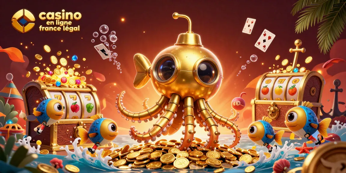 Illustrez le casino en ligne légal en France avec une scène dynamique de jeux et de trésors sous-marins