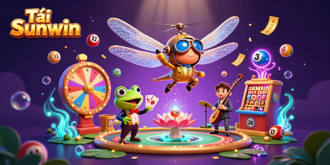 Tải Sunwin to experience thrilling casino games with a vibrant 3D illustration showcasing a dynamic scene filled with colorful elements.