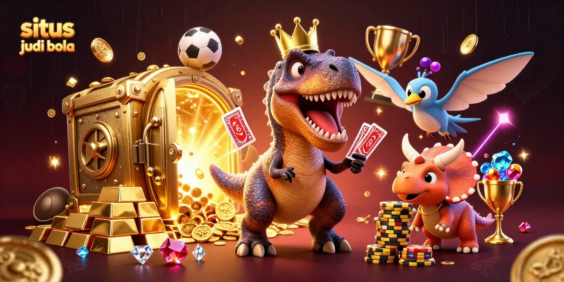 Experience situs judi bola excitement with a cartoon T-Rex shuffling cards, supported by friends amidst gold treasures.