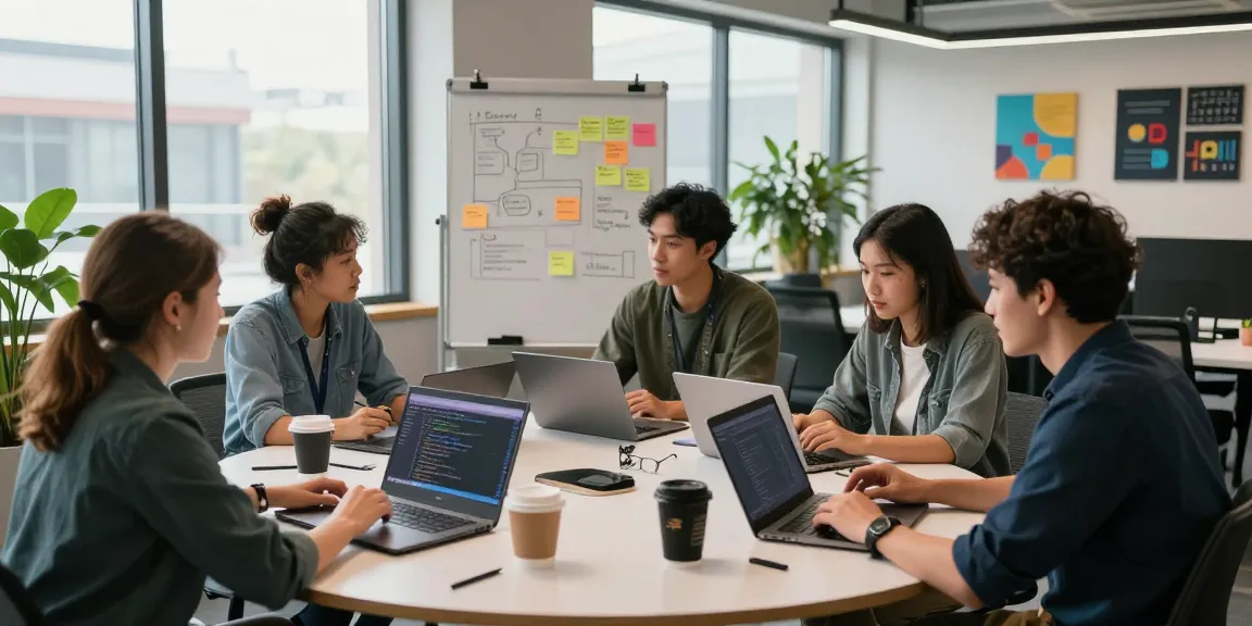 Developers collaborating on software solutions with crushon tools in a modern workspace.