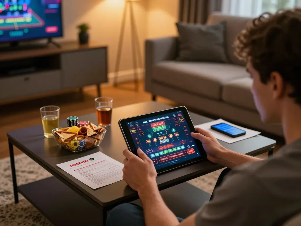 Engaging casino italiani non aams gameplay scene featuring a player using a tablet in a cozy home environment.