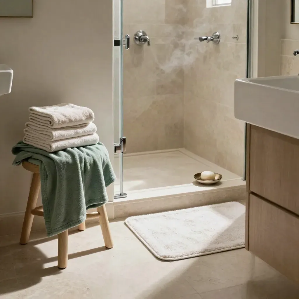 Sunlit ensuite with robe, bath mat, towel stack, and shower ready after morning care.