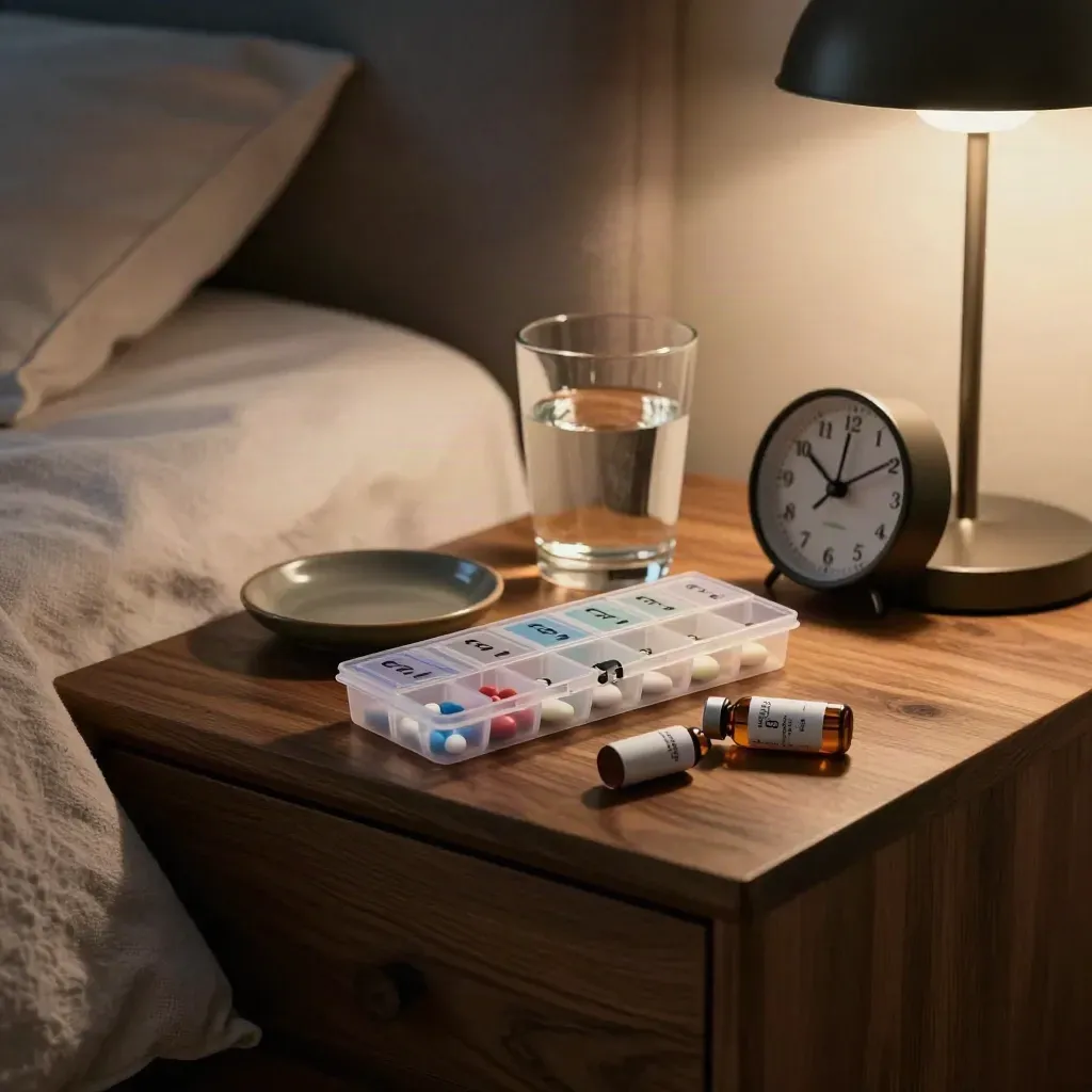 Bedside medication tray with pill organizer, water glass, clock, and vial beside a quilted bed.