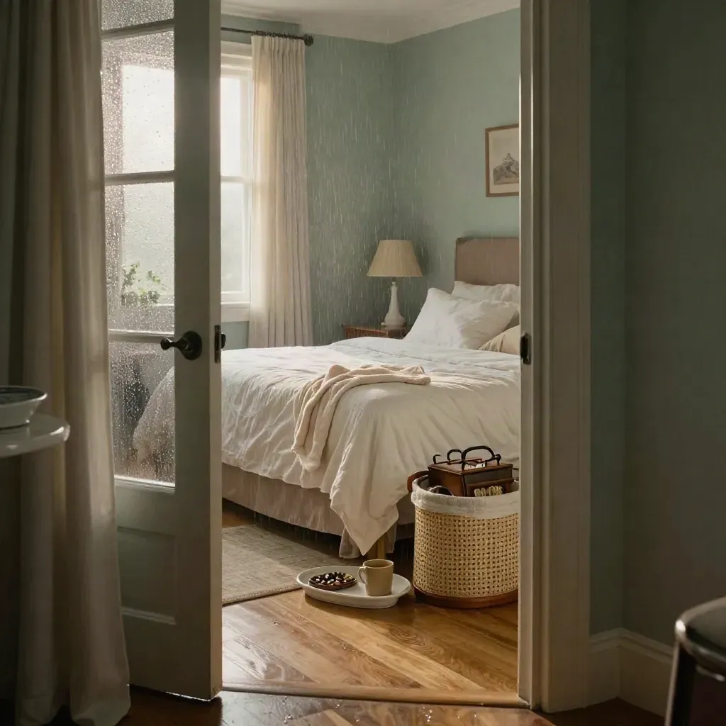 Moody bungalow bedroom with care essentials, soft morning rain light, and a quiet bathroom doorway.