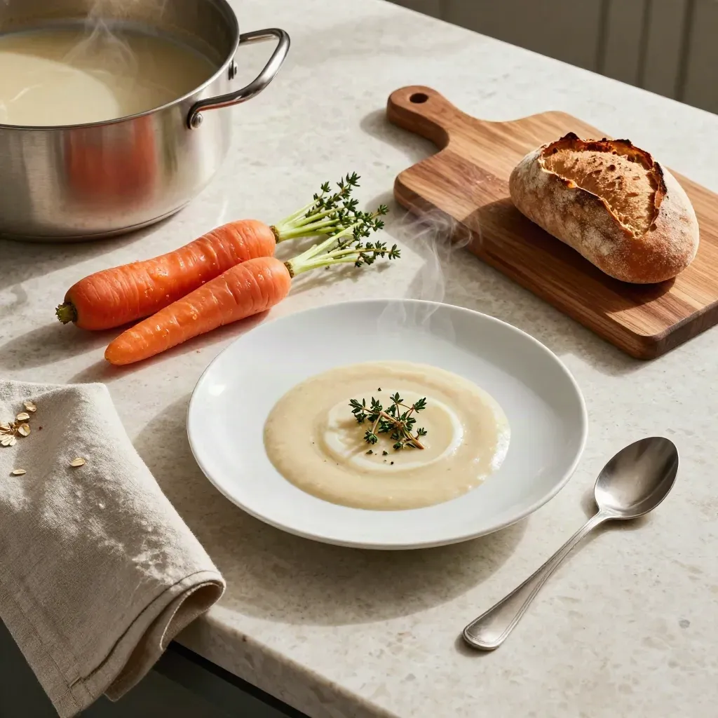 Overhead kitchen island with soup pot, cut carrots, herbs, loaf, towel, and steaming plated meal.