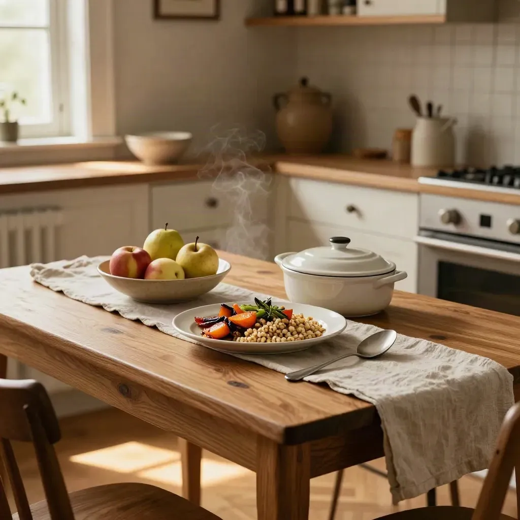 Warm dining nook with a plated meal, casserole, fruit bowl, and sunlight on an oak table.