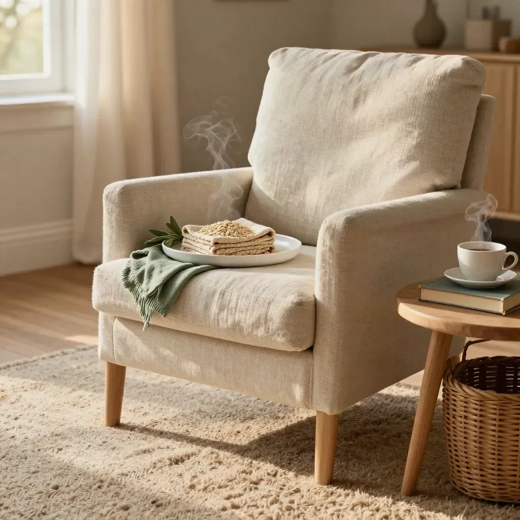 Quiet den with folded throws, tea tray, closed book, and remote basket in warm window light.
