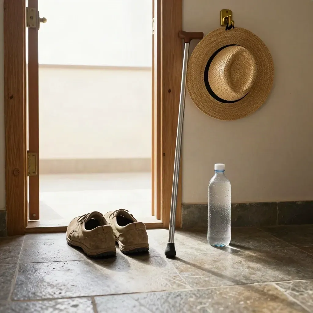 Entryway shoes, cane, sun hat, and water bottle by a bright morning door