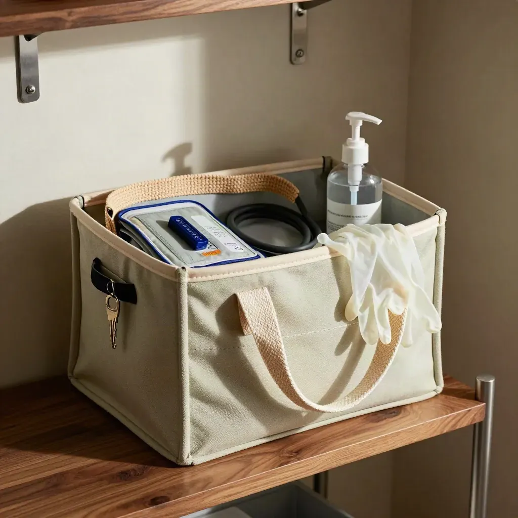 Caregiver supply caddy packed with mobility and health tools on a utility shelf