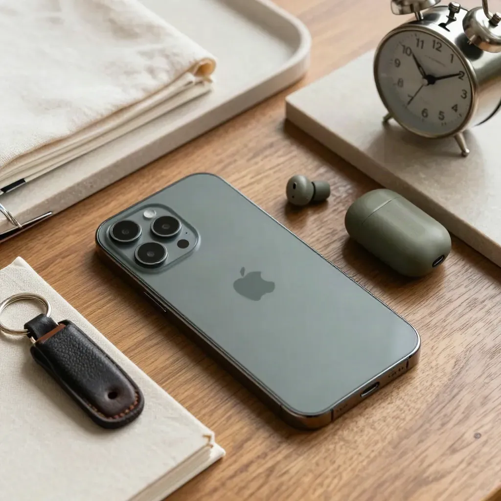 Top-down close-up of a client coordinator's phone, earpiece case, notebook, key fob, and clock.