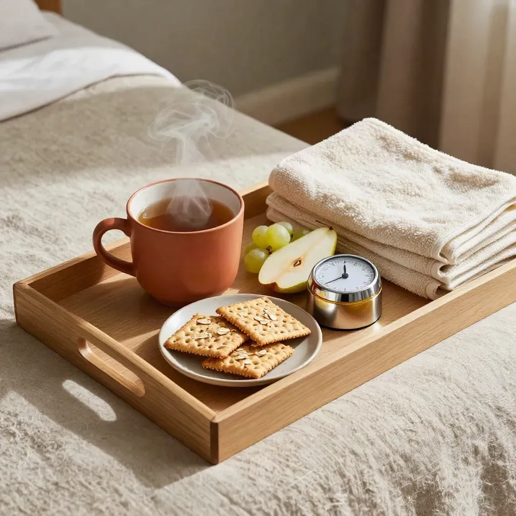 Overnight respite tray with tea, crackers, fruit, timer and folded towels on linen