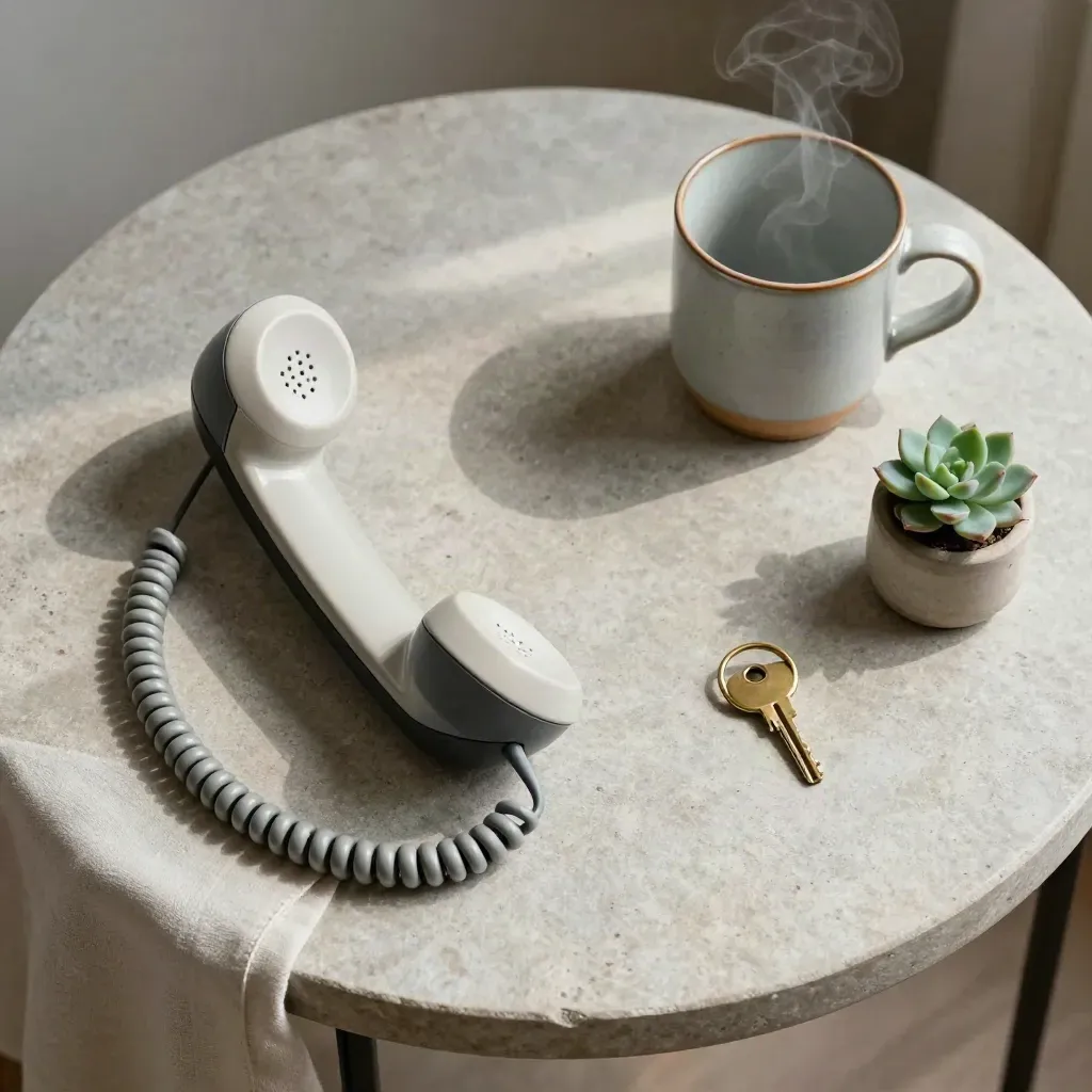 Overhead still life of a phone handset, keys, mug, and succulent on stone
