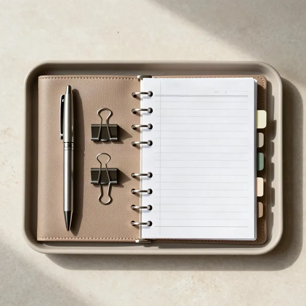 Closed leather planner with clips and color tabs on a pale stone tray, top-down still life.
