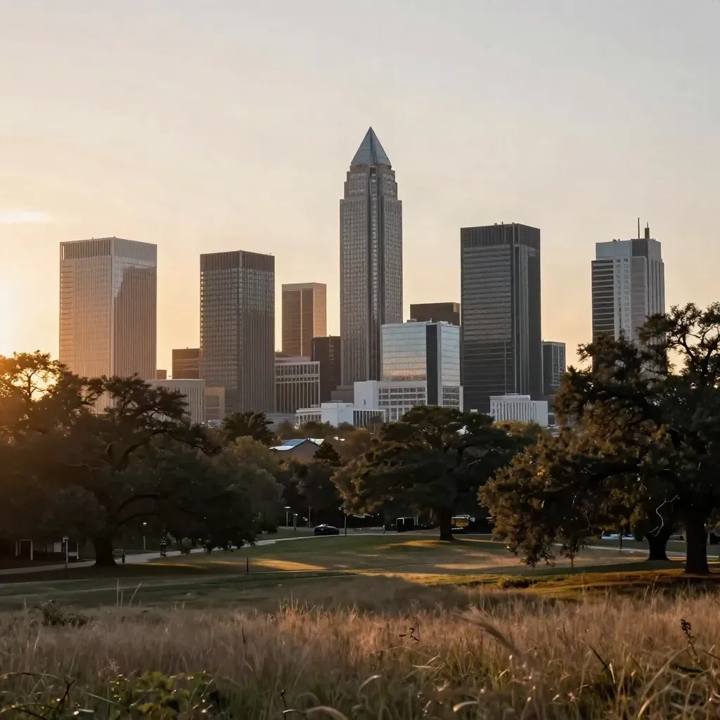 Charlotte skyline above oaks in sunset haze over a quiet hillside lawn