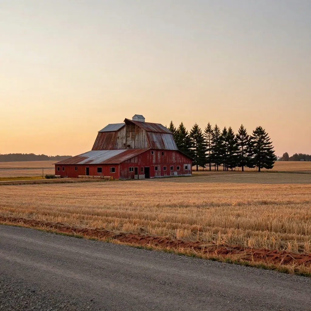 Weathered barn over hazy harvest fields at sunset