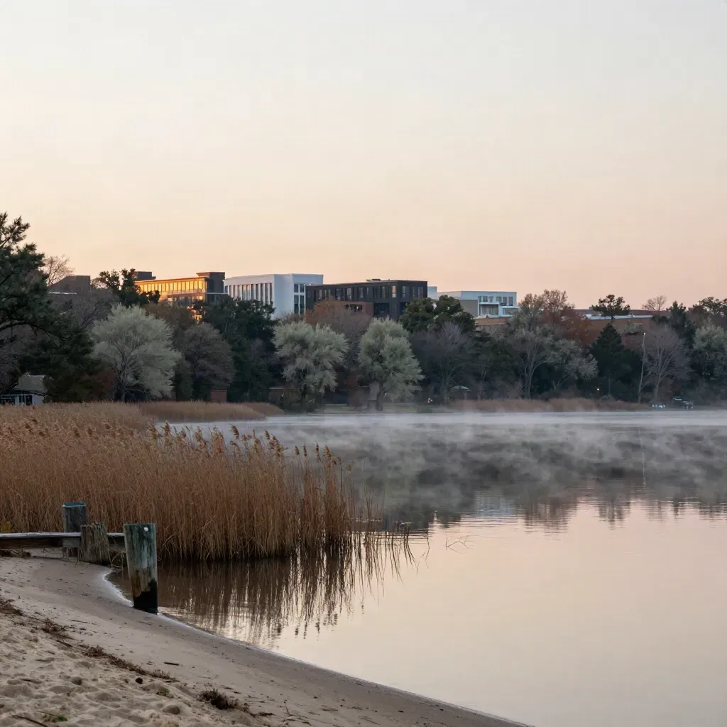 South Charlotte rooftops above a calm lakeshore at dusk with warm haze and reflections.