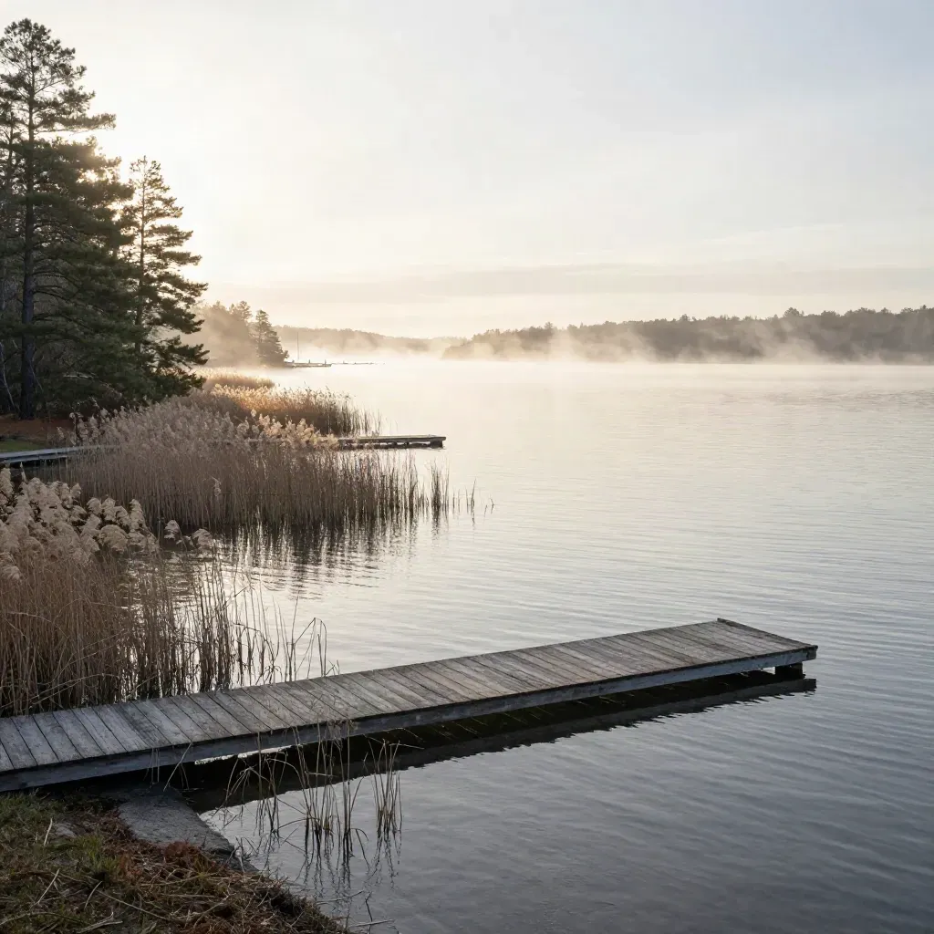 Mist over a North Mecklenburg lake shore with docks, pines, and a pale marina horizon at dawn.