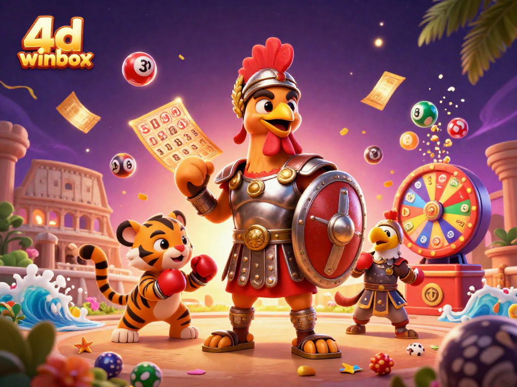 The 4d winbox illustration features a gladiator rooster amidst colorful lottery elements, showcasing a dynamic lottery experience.