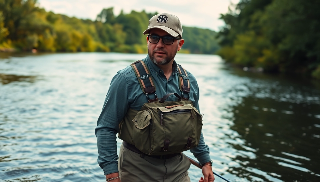 Explore the features of a fly fishing chest pack worn by an angler in a beautiful river setting.