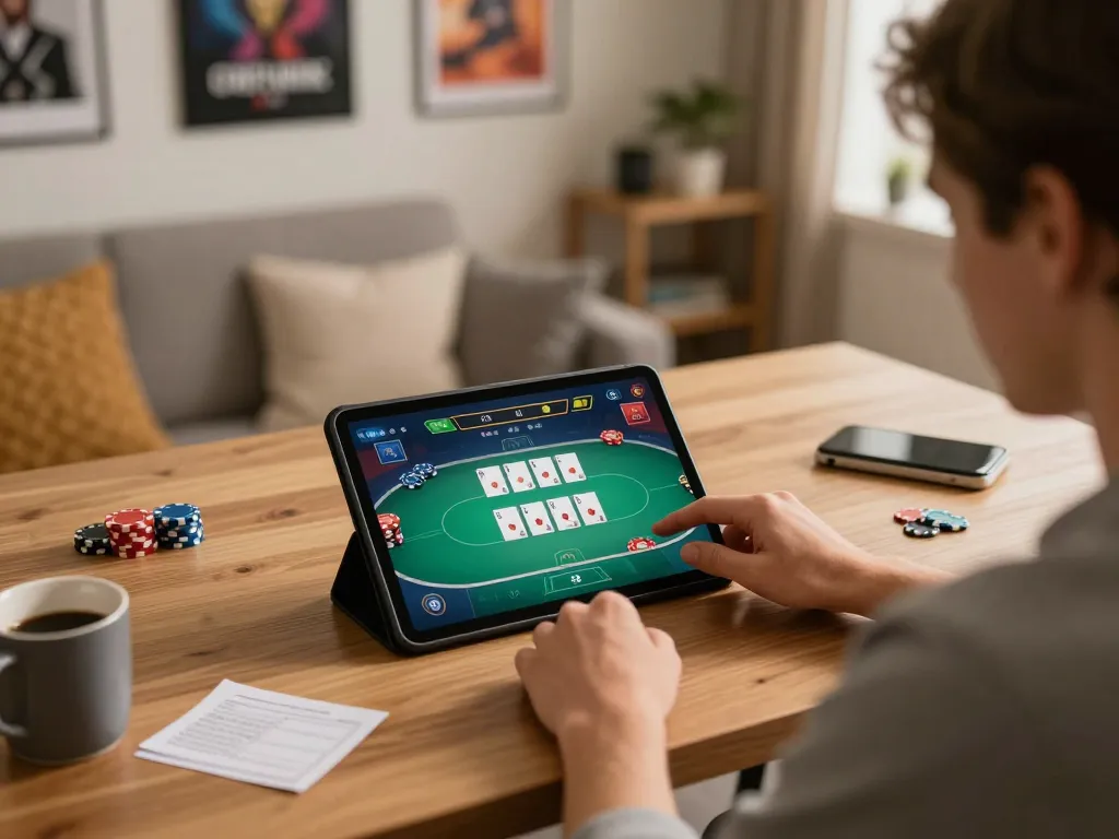 Engaging in online poker strategy with sunwinapk app on tablet in cozy home setting.